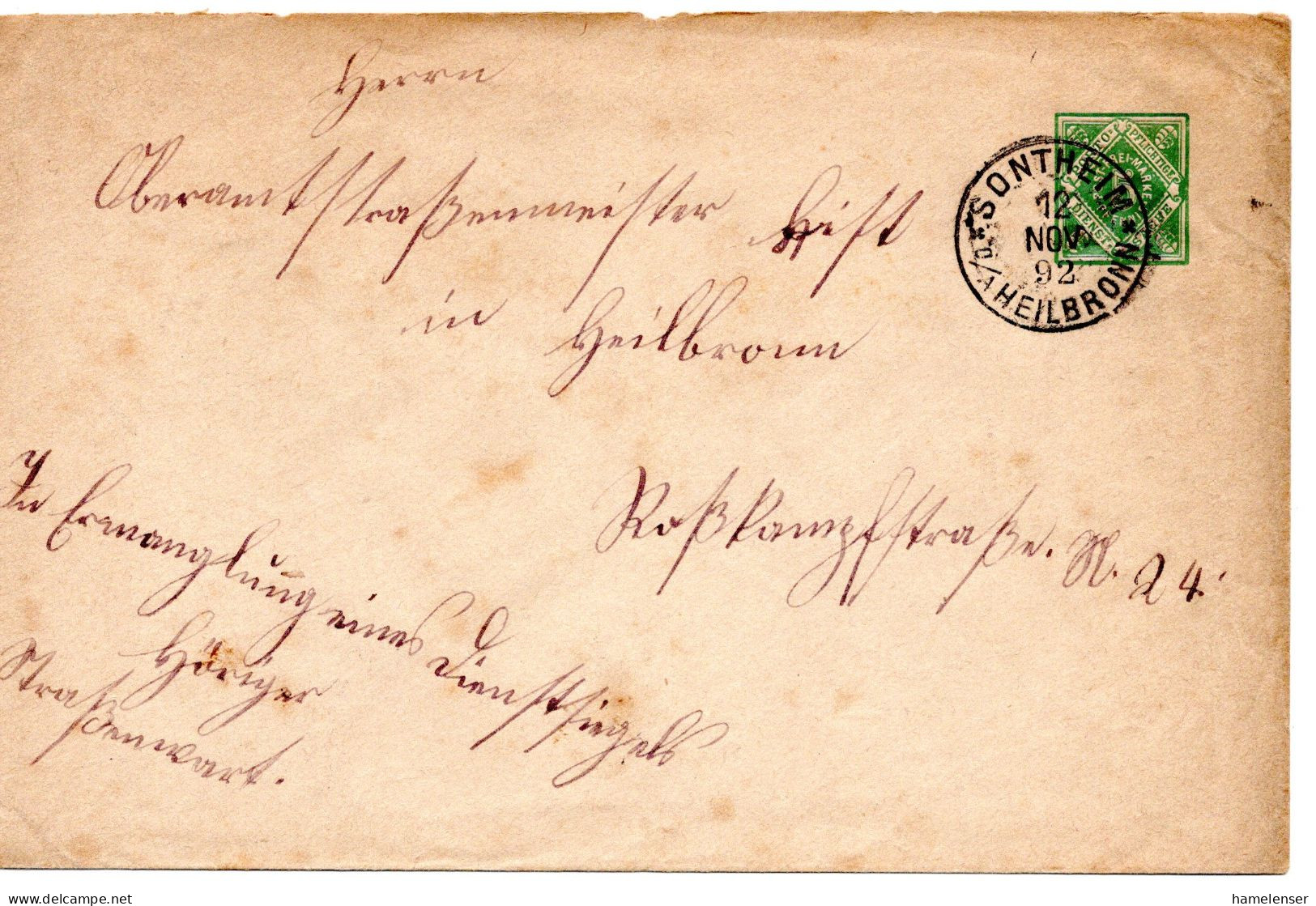 64401 - Altdeutschland / Wuerttemberg - 1892 - 5Pfg DienstGAU SONTHEIM -> HEILBRONN - Lettres & Documents