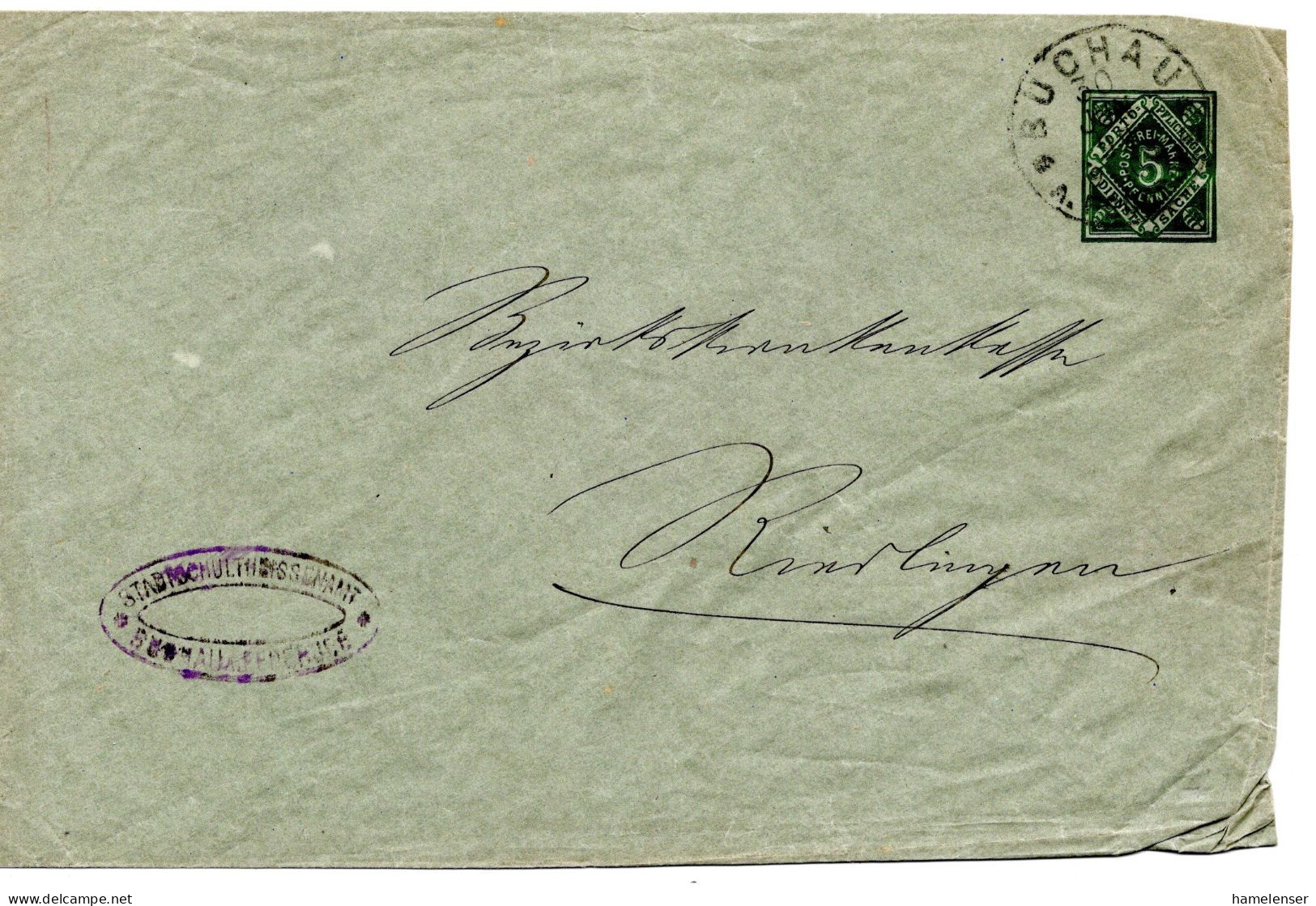 64402 - Altdeutschland / Wuerttemberg - 1908 - 5Pfg DienstGAU BUCHAU -> RIEDLINGEN, Etw Buegig - Covers & Documents