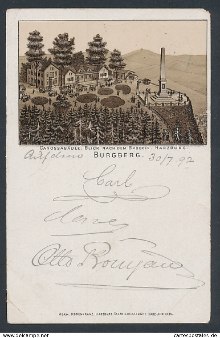 Vorläufer-Lithographie Harzburg, 1892, Burgberg Mit Canossasäule Und Blick Zum Brocken  - Bad Harzburg