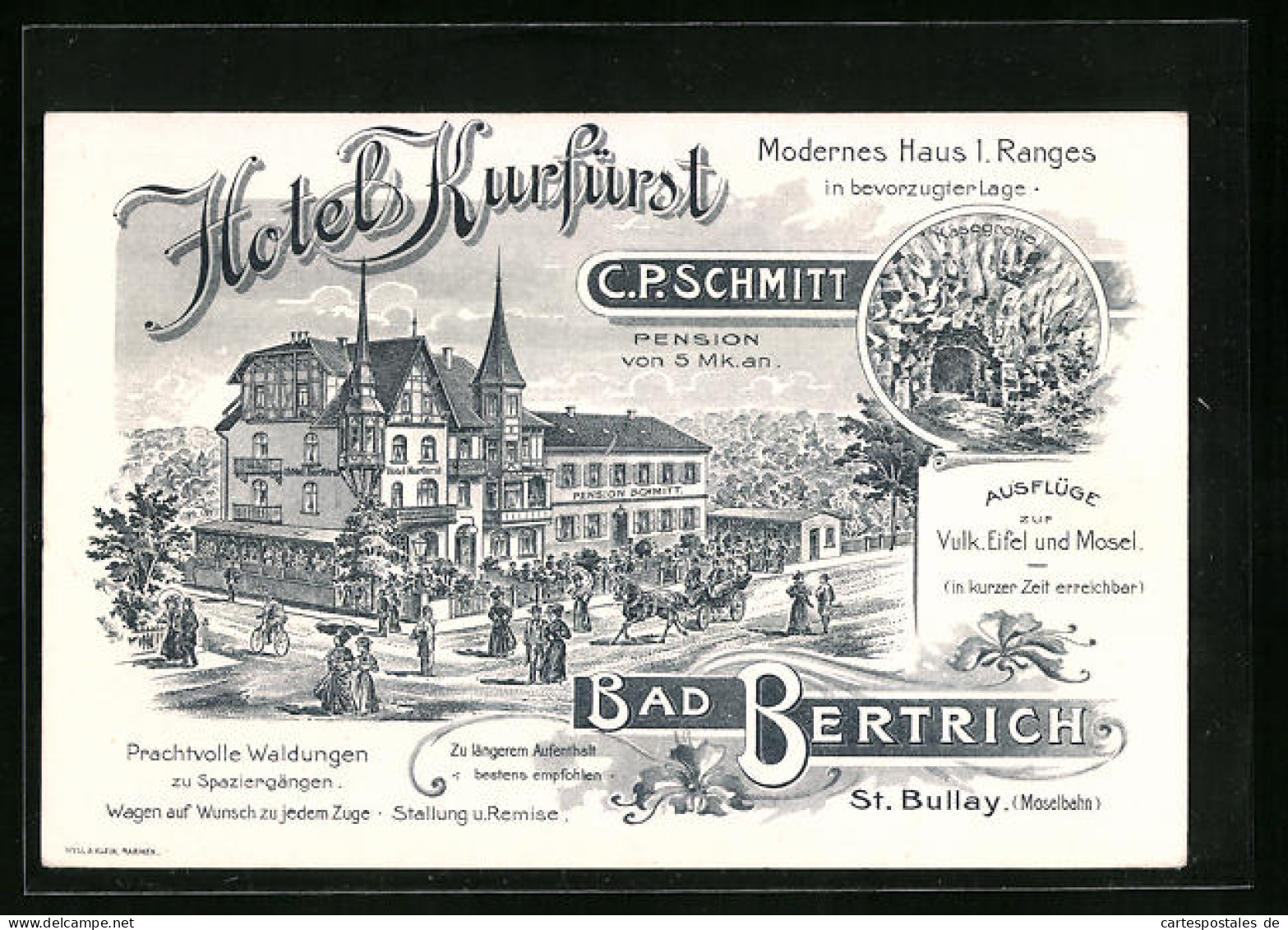 Lithographie Bad Bertrich, Hotel Kurfürst, Käsegrotte  - Bad Bertrich