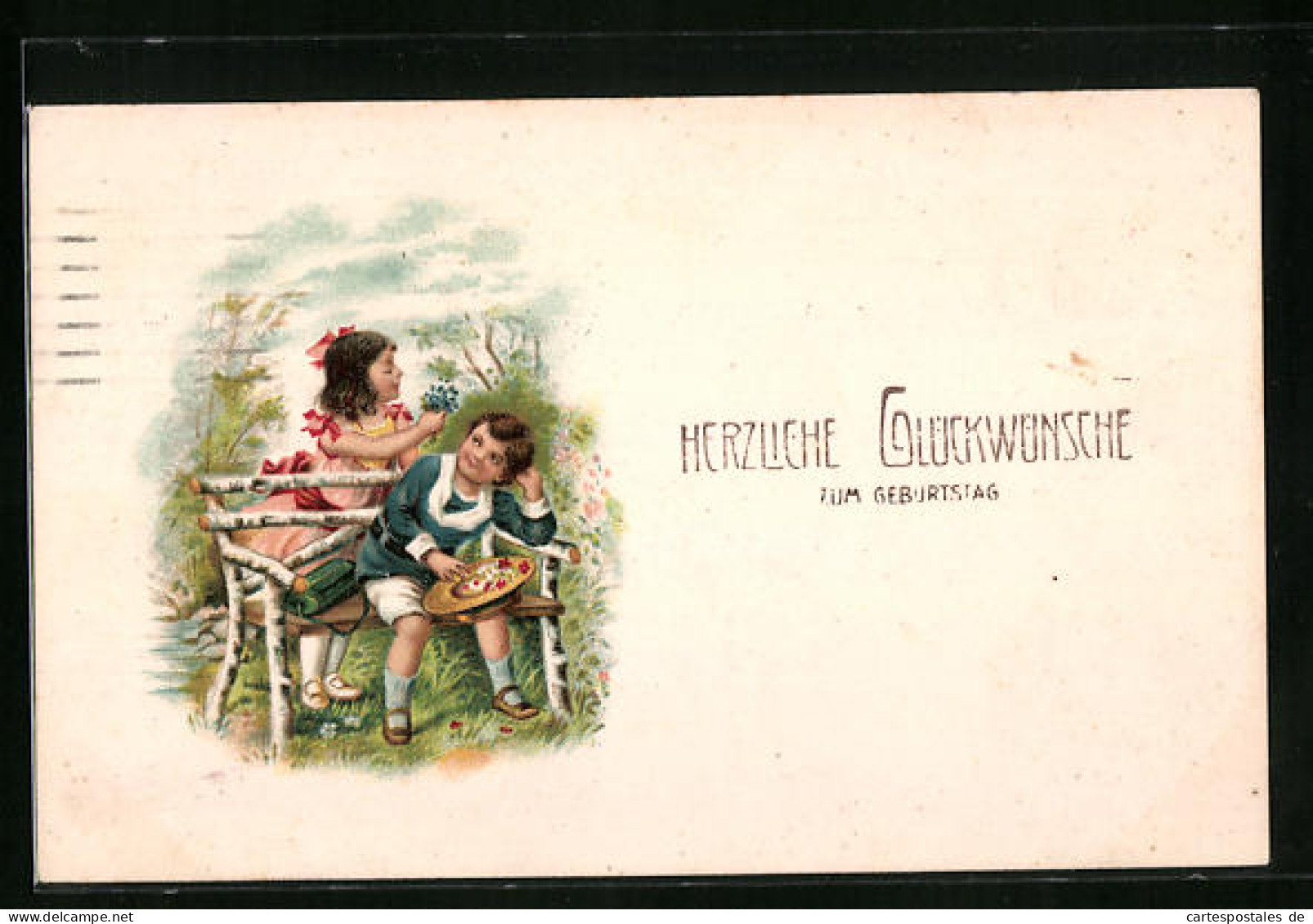 Lithographie Glückwünsche Zum Geburtstag, Kinder Auf Bank  - Verjaardag