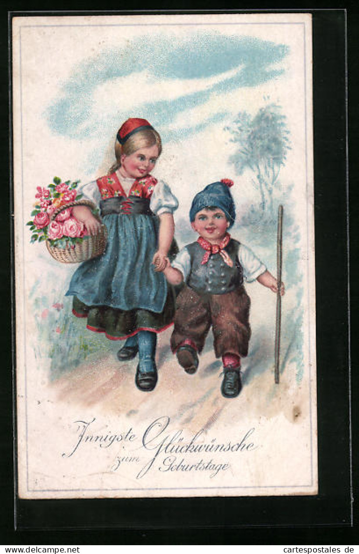 Lithographie Mädchen In Tracht Mit Jungen Beim Spaziergehen Zum Geburtstag  - Geburtstag