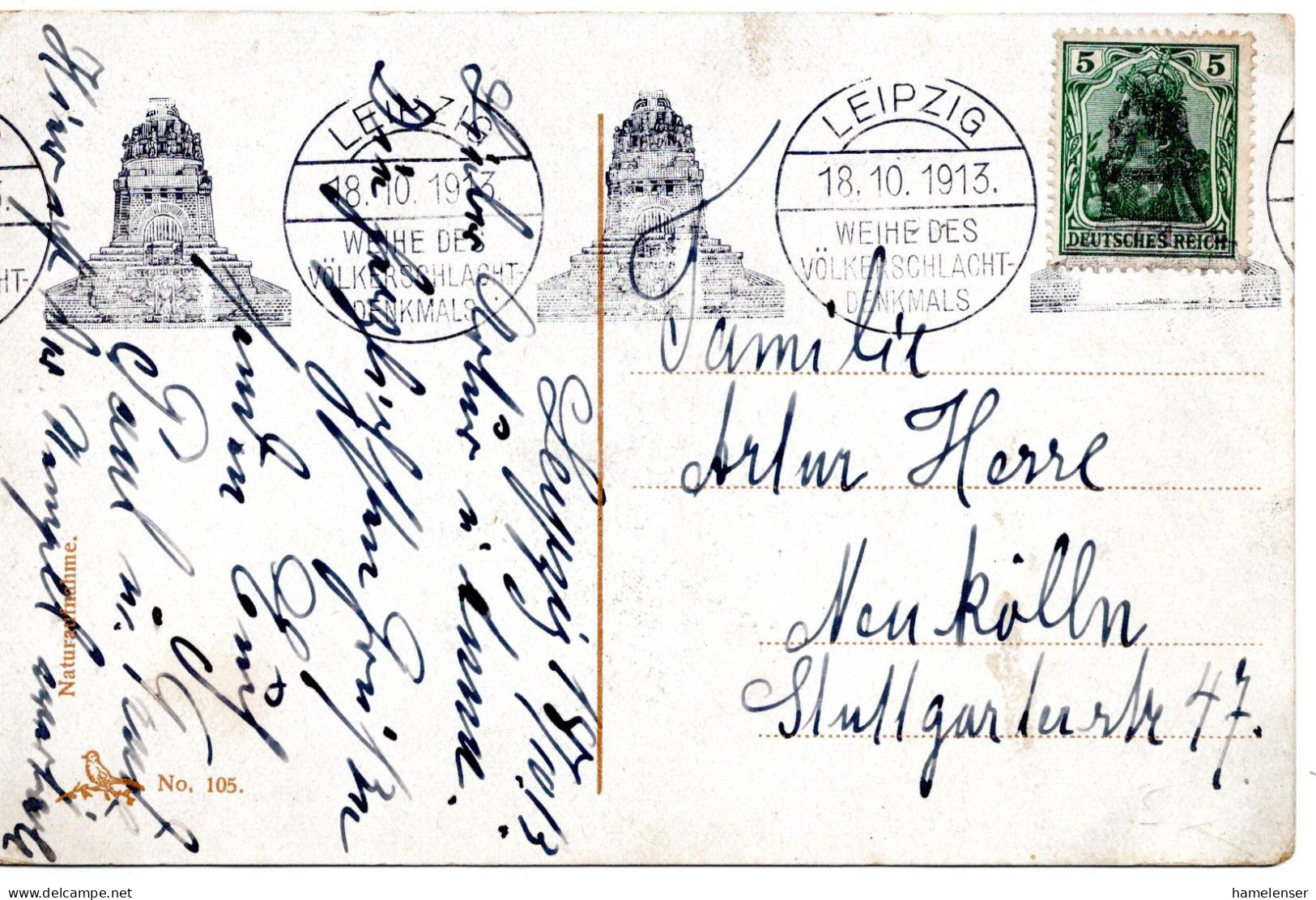 64404 - Deutsches Reich - 1913 - 5Pfg Germania EF A AnsKte SoStpl LEIPZIG - WEIHE ... -> Berlin - Lettres & Documents