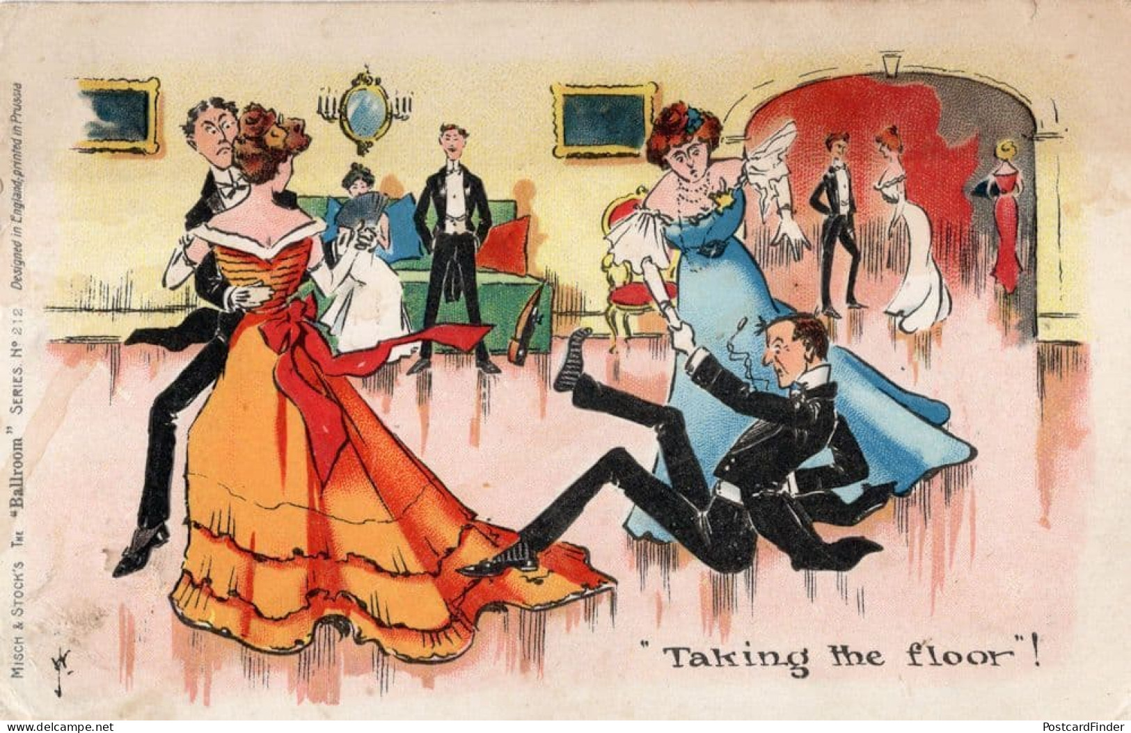 Misch & Stock The Ballroom Party Disaster Fall Antique Comic Postcard - Humor