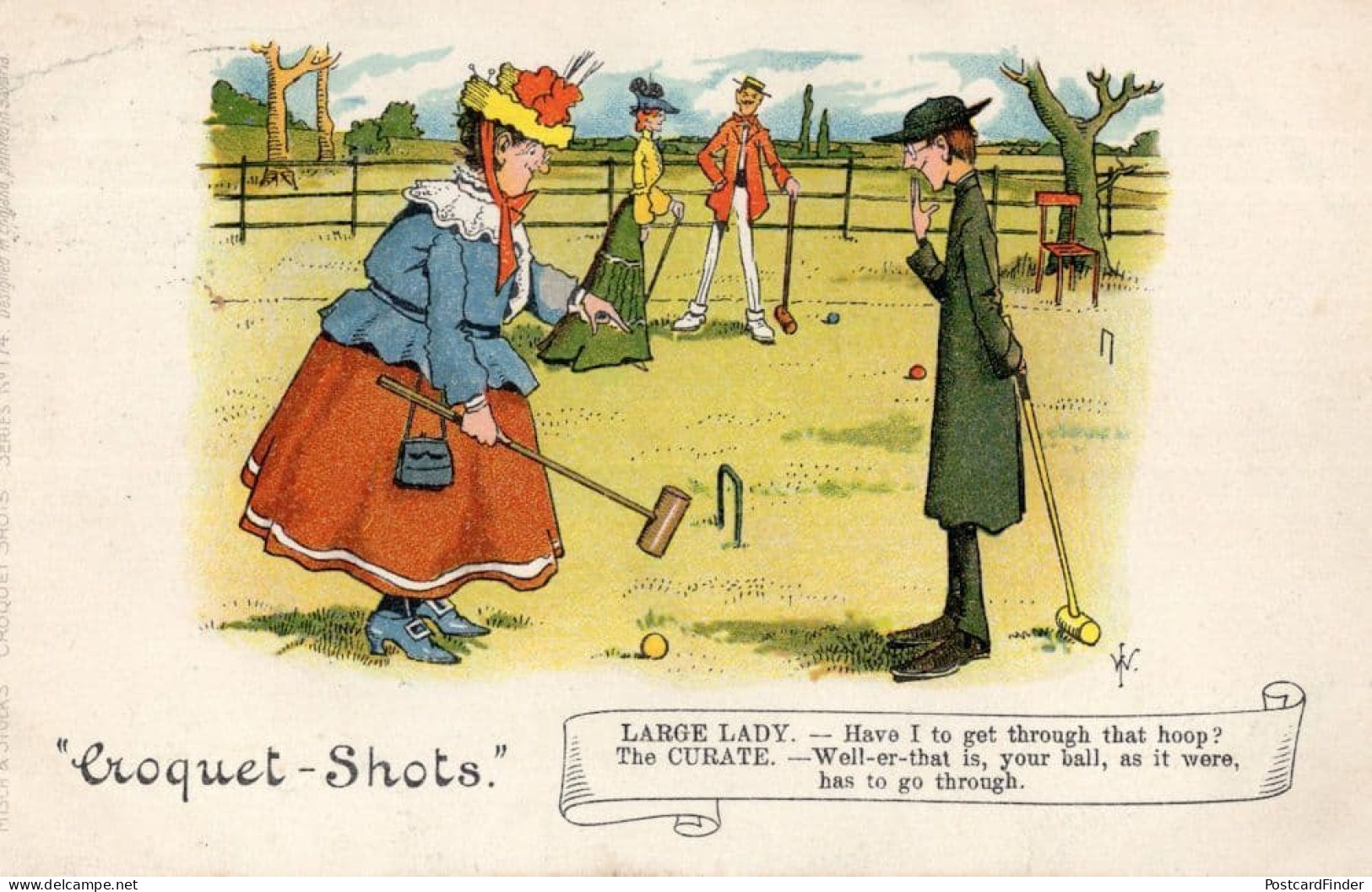 Croquet Shots Mallet Fat Lady Sports Priest Disaster Old Comic Postcard - Humor