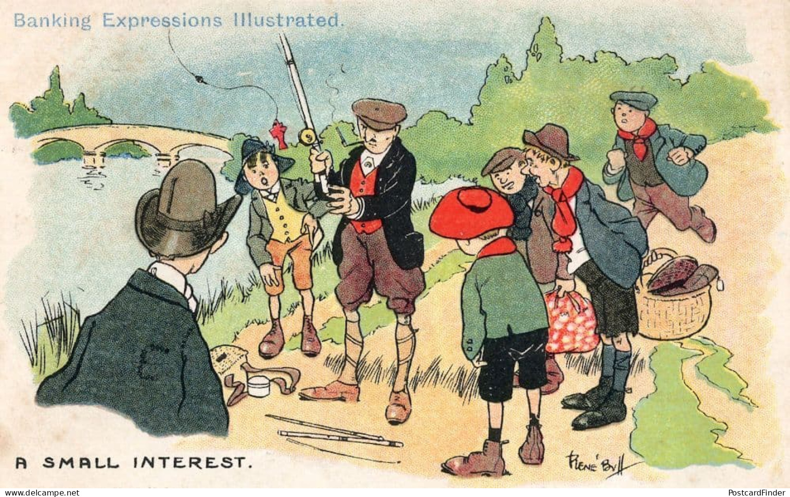 Casting A Rod Fishing Antique Banking Comic Old Postcard - Humor