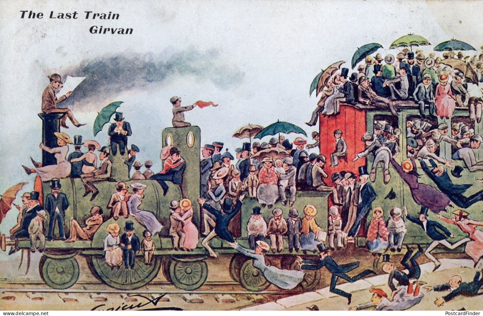 Last Train To Girvan Scotland Antique Scottish Comic Postcard - Humour