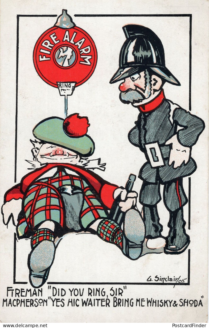 Fireman Drunk Scottish Man Wants Whisky & Soda Old Comic Postcard - Humour