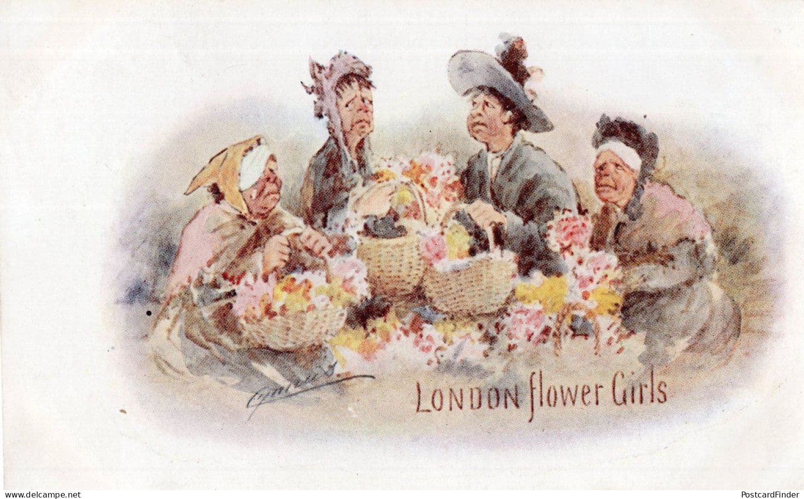 London Ugly Old Flower Girls Antique Comic Postcard - Humour
