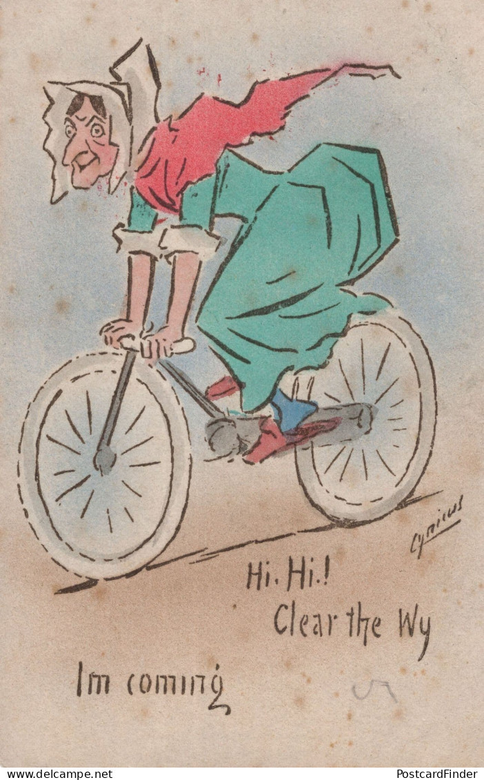 Old Witch Lady On Antique Worn Out Bicycle Old Comic Postcard - Humour