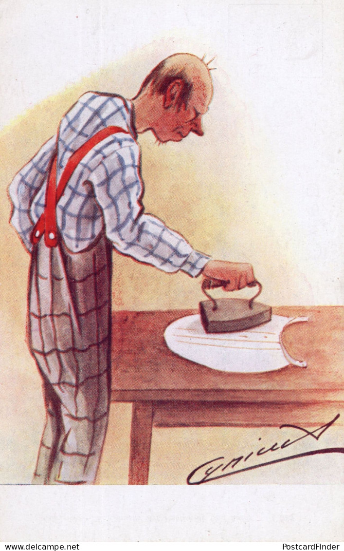 Man Ironing Dinner Jacket Shirt Antique Comic Postcard - Humour