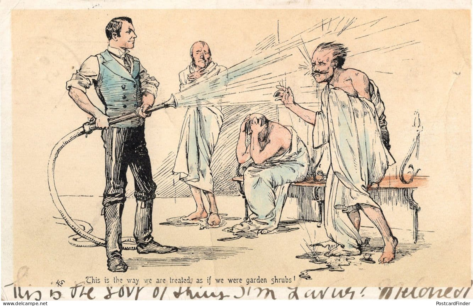 Human Shrubs Cold Shower With Garden Hose Disaster Old Comic Postcard - Humour