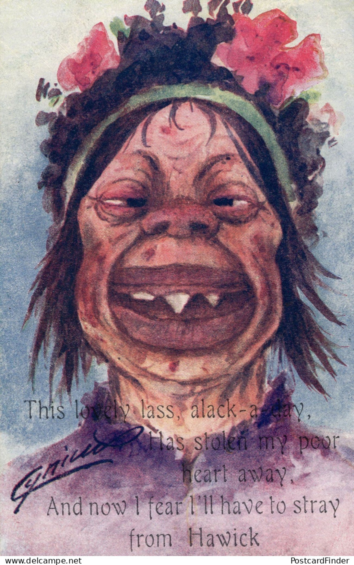 Ugly Minger Girl Hawick Scotland Monster Face Comic Old Postcard - Humour