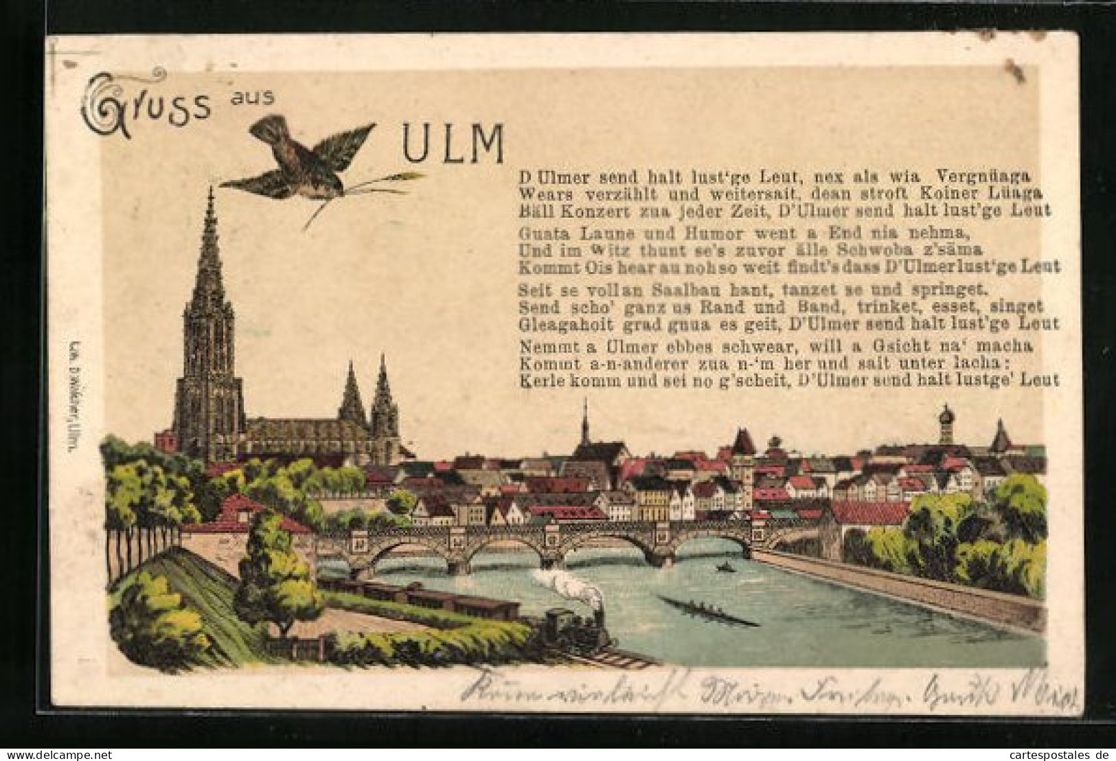 Lithographie Ulm, Stadt Mit Dom, Dampflok, Text  - Ulm