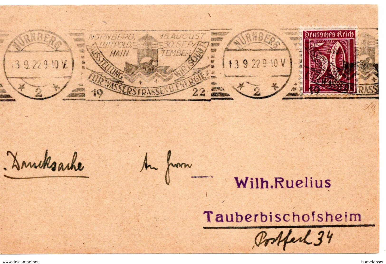 64410 - Deutsches Reich - 1922 - 50Pfg Ziffer EF A DrucksKte NUERNBERG - AUSSTELLUNG ... ENERGIE -> Tauberbischofsheim - Other & Unclassified
