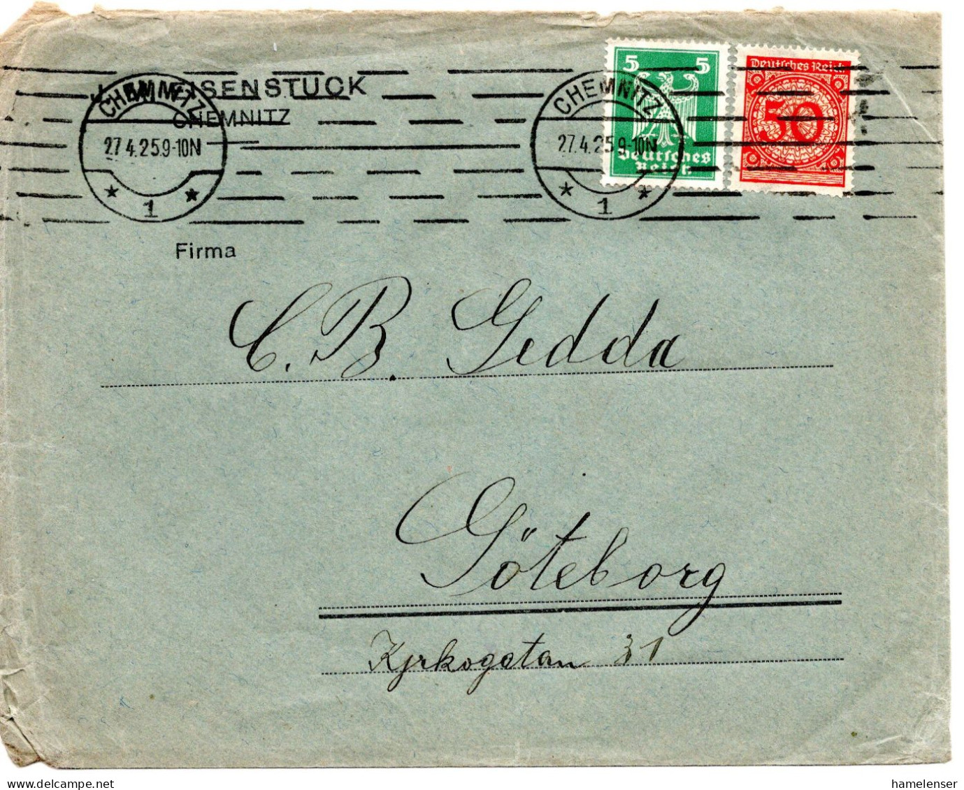 64413 - Deutsches Reich - 1925 - 50Pfg Korbdeckel MiF A Bf CHEMNITZ -> Schweden - Lettres & Documents