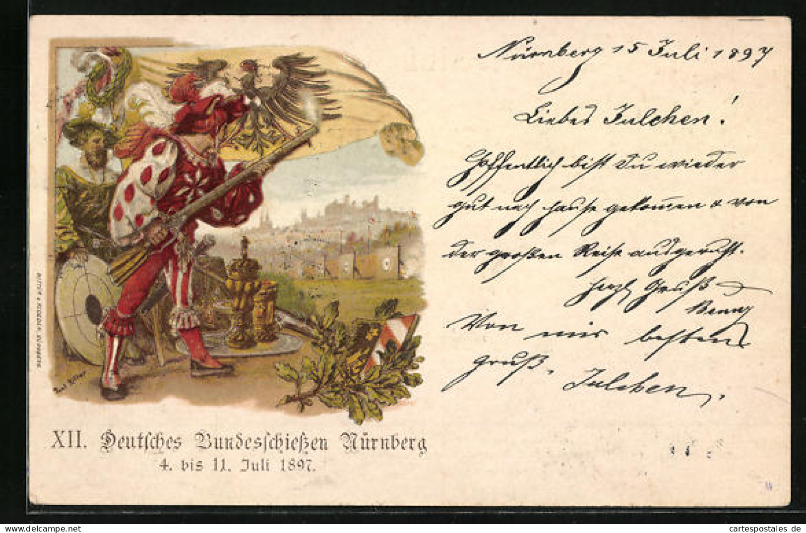 Lithographie Nürnberg, Deutsches Bundesschiessen 1897 - Historischer Schütze Mit Flagge, Ortsansicht  - Chasse