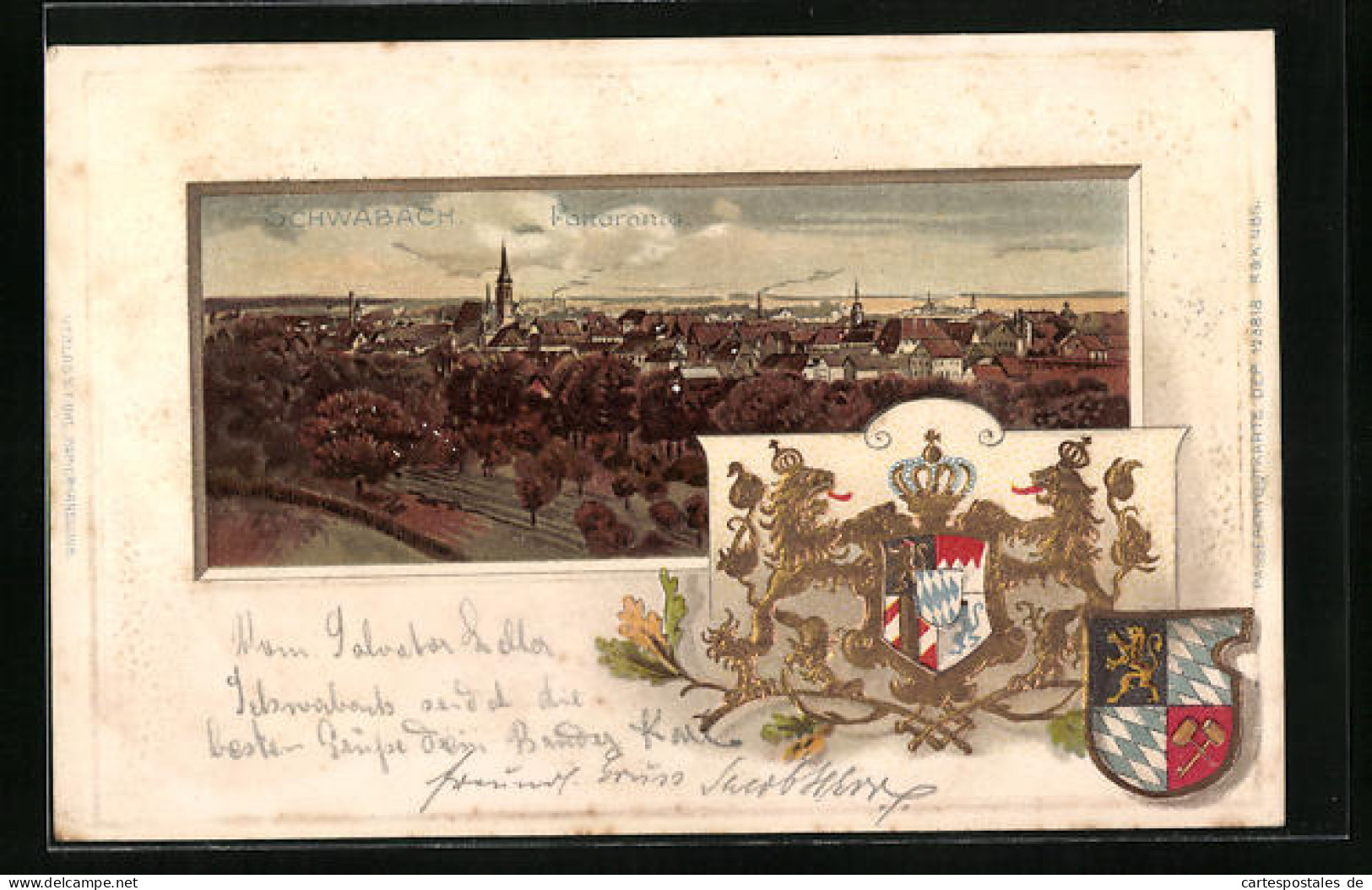 Passepartout-Lithographie Schwabach, Panorama Mit Wappen  - Autres & Non Classés