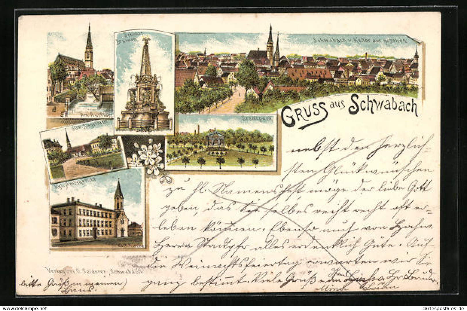 Lithographie Schwabach, Schöner Brunnen, Stadtpark, Amtsgericht  - Schwabach