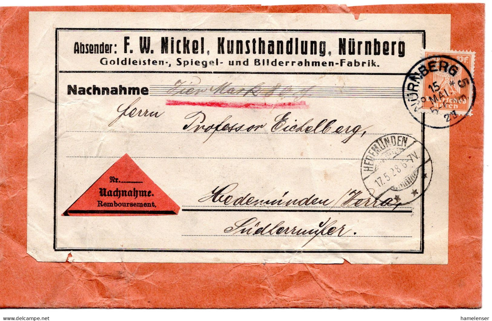 64415 - Deutsches Reich - 1928 - 50Pfg Adler EF A NN-Bf NUERNBERG -> HEDEMUENDEN - Lettres & Documents