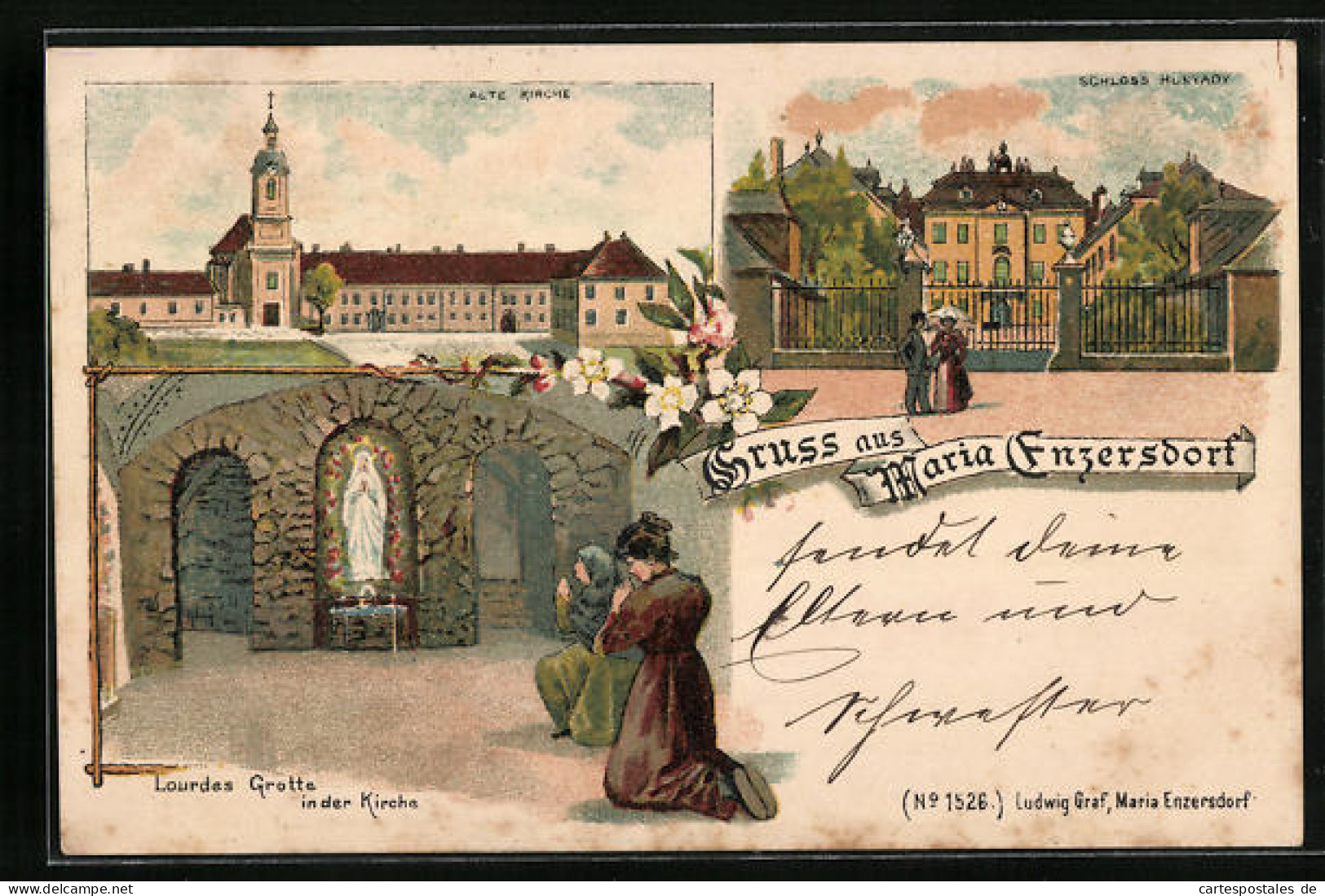 Lithographie Maria Enzersdorf, Lourdes Grotte In Der Kirche, Schloss Hunyady  - Sonstige & Ohne Zuordnung