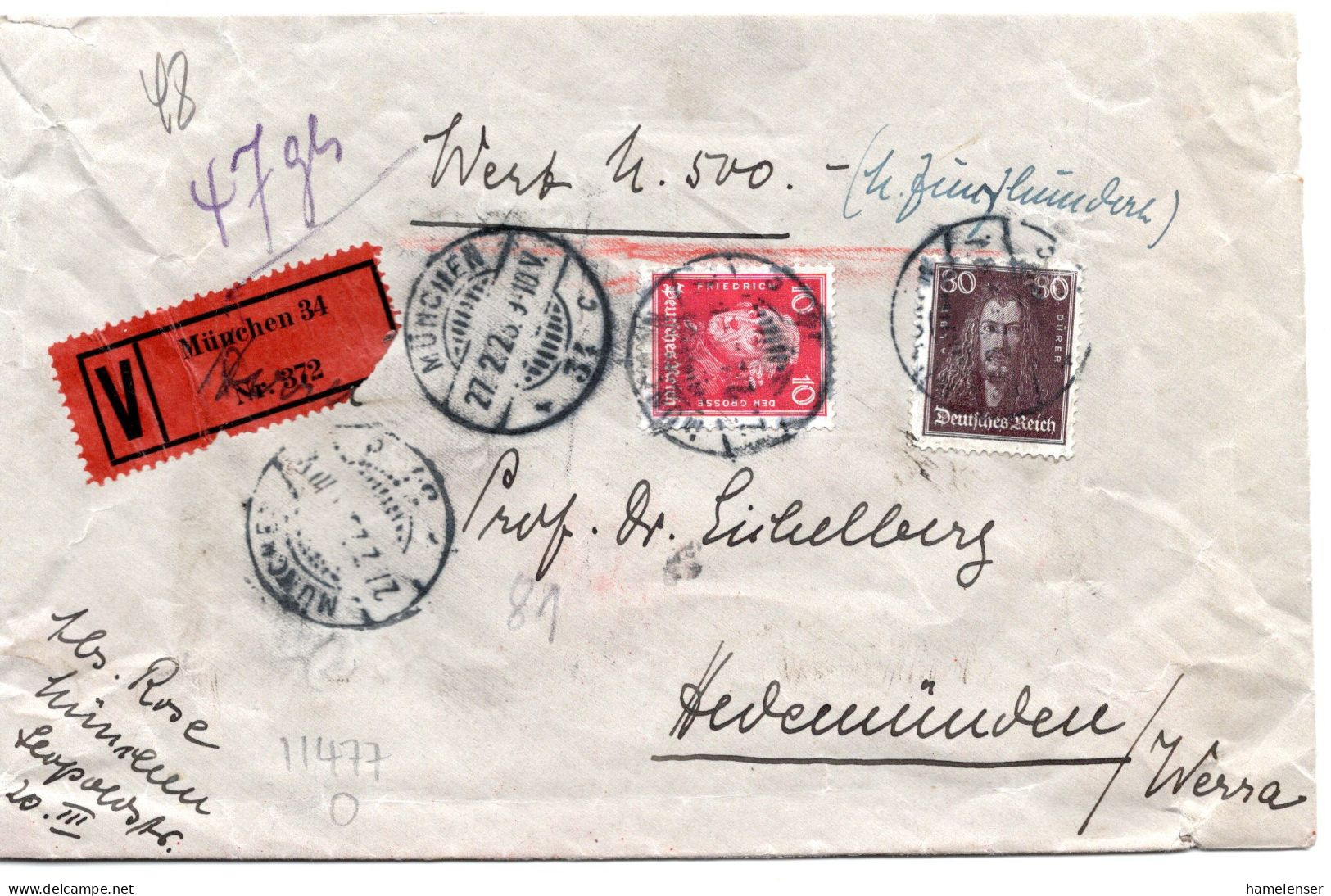 64416 - Deutsches Reich - 1928 - 80Pfg Duerer MiF A W-Bf (500 RM/47gr) MUENCHEN -> HEDEMUENDEN - Lettres & Documents