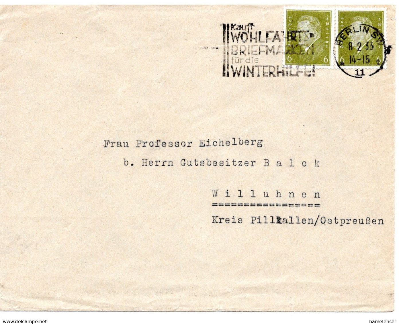 64417 - Deutsches Reich - 1933 - 2@6Pfg Ebert A Bf BERLIN - ... -> Willuhnen - Covers & Documents