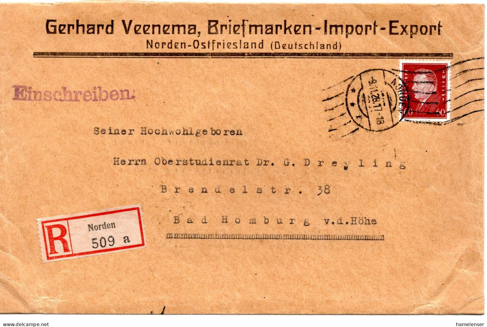 64420 - Deutsches Reich - 1928 - 60Pfg Ebert EF A R-Bf NORDEN -> BAD HOMBURG - Covers & Documents