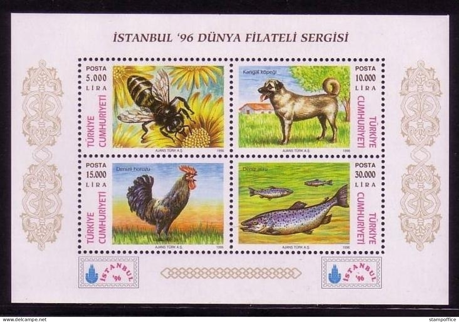 TÜRKEI BLOCK 30 POSTFRISCH(MINT) ISTANBUL '96 - BIENE, HUND, HAHN, FORELLE - Chiens