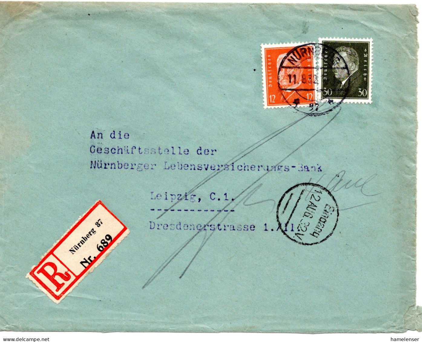 64423 - Deutsches Reich - 1932 - 30Pfg Ebert MiF A R-Bf NUERNBERG -> LEIPZIG - Lettres & Documents