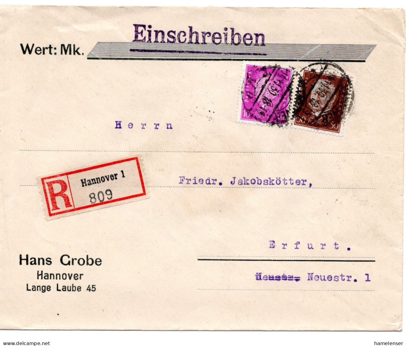 64424 - Deutsches Reich - 1930 - 50Pfg Hindenburg MiF A R-Bf HANNOVER -> ERFURT - Lettres & Documents