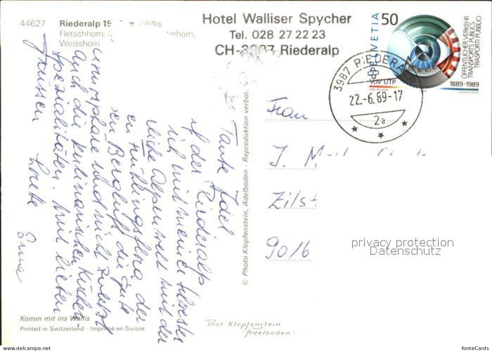11701519 Riederalp Mit Fletsch Und Weisshorn Sessellift Hotel Walliser Spycher R - Autres & Non Classés