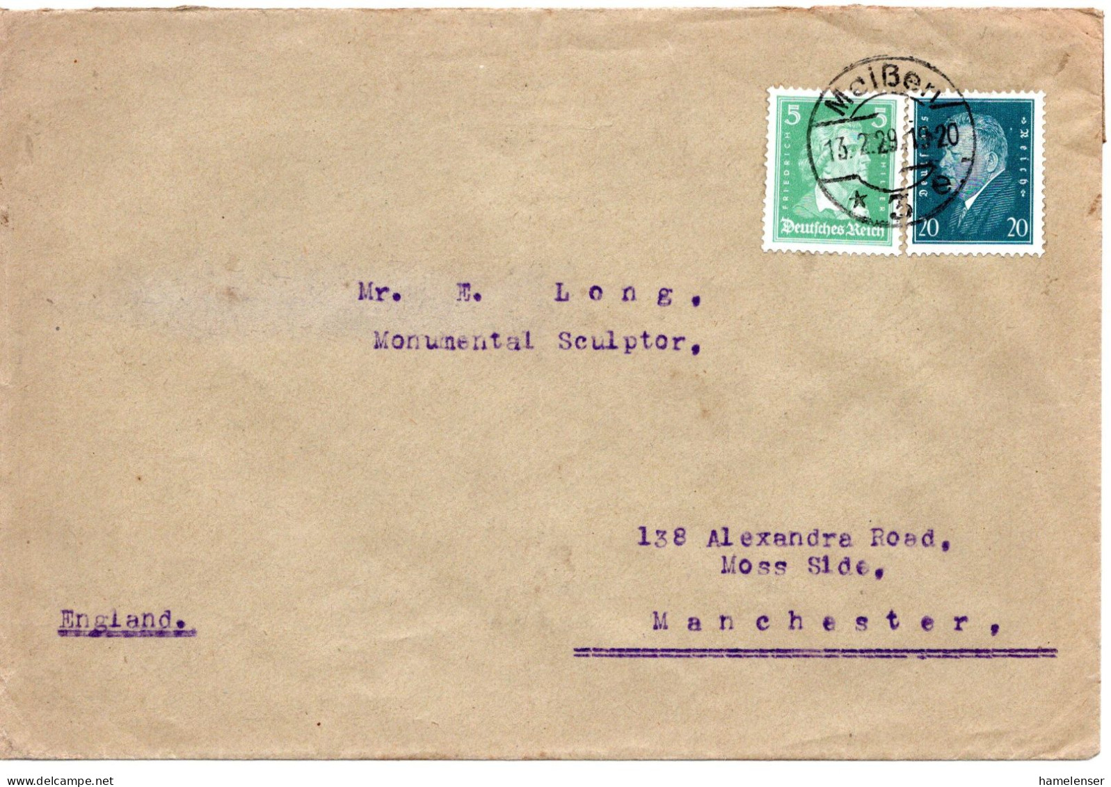 64426 - Deutsches Reich - 1929 - 20Pfg Ebert MiF A Bf MEISSEN -> Grossbritannien - Lettres & Documents