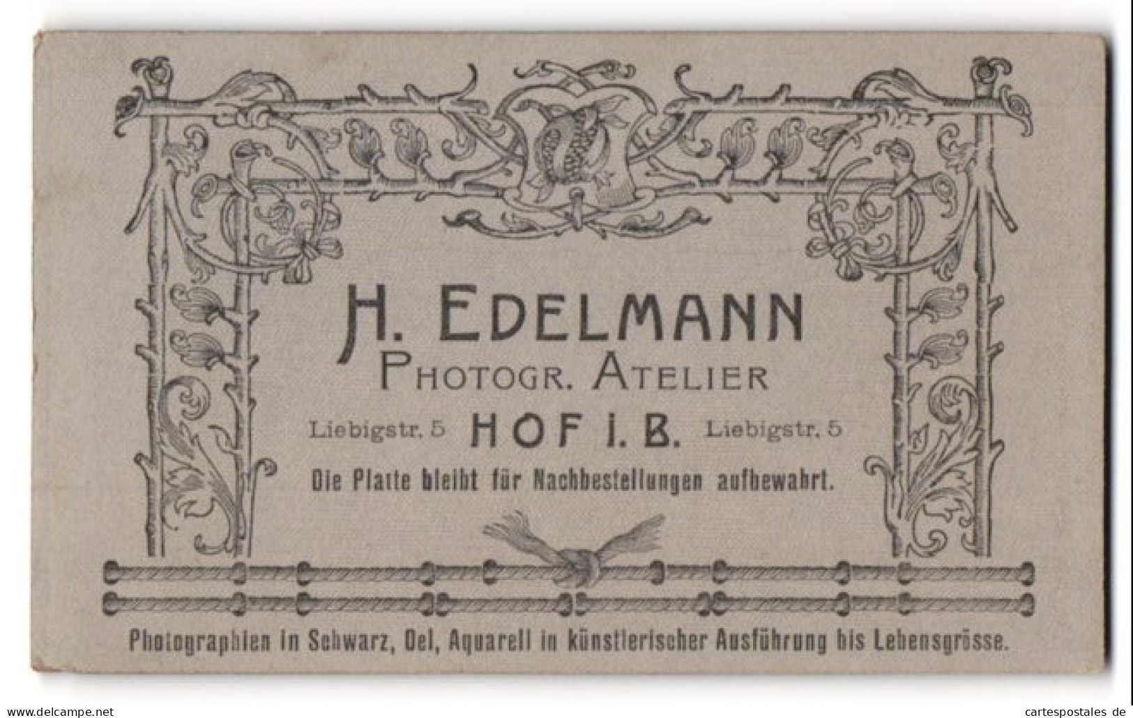 Fotografie H. Edelmann, Hof I. B., Liebigstr., Florare Verzierung Als Rahmen Um Die Anschrift Des Ateliers  - Personnes Anonymes