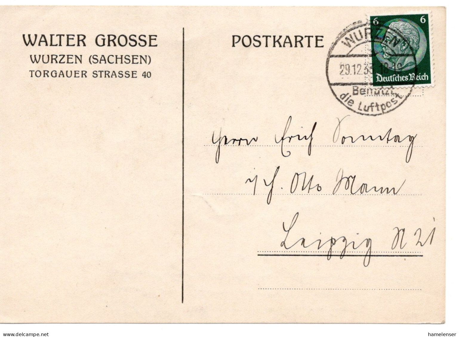 64432 - Deutsches Reich - 1933 - 6Pfg Hindenburg EF A Kte WURZEN - BENUTZT DIE LUFTPOST -> Leipzig - Lettres & Documents