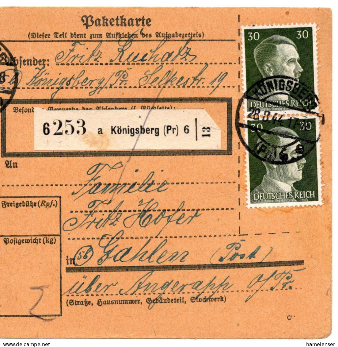 64434 - Deutsches Reich - 1944 - 2@30Pfg Hitler A PaketKte KOENIGSBERG -> Angerapp - Lettres & Documents