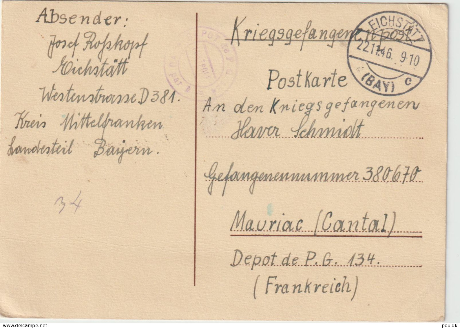 Prisoner Of War Card To German Prisoner In France, Depot P.G 134 Located Maurice Posted Eichstätt (Bay) 22.1.1946. Posta - Militaria