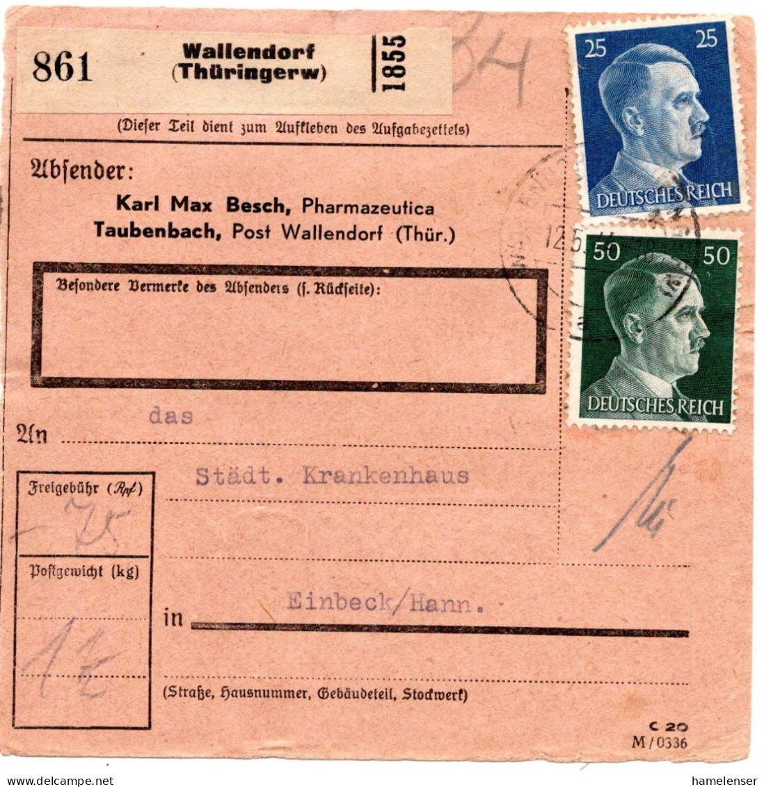 64441 - Deutsches Reich - 1944 - 50Pfg Hitler MiF A PaketKte WALLENDORF -> Einbeck - Lettres & Documents