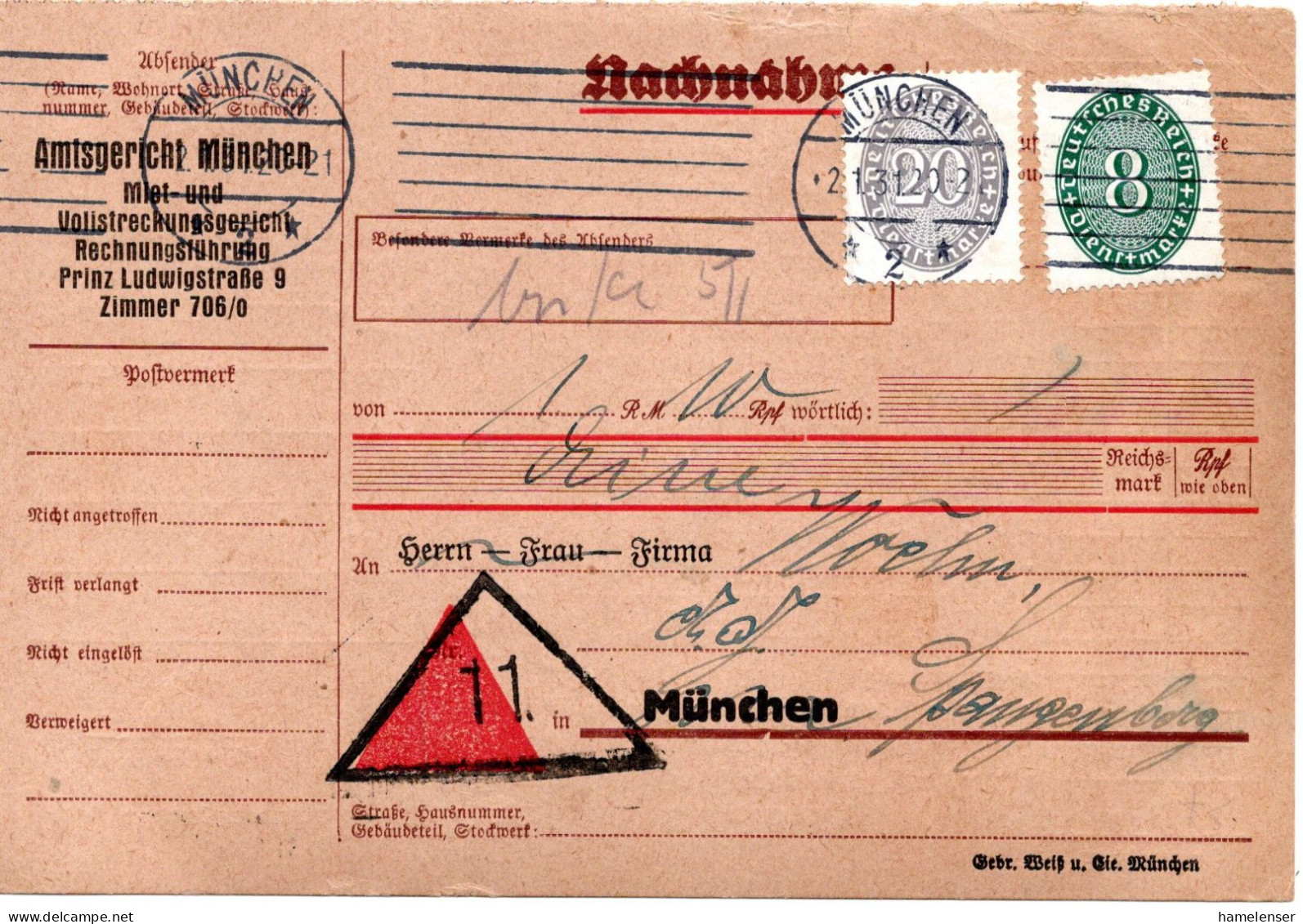 64443 - Deutsches Reich / Dienst - 1931 - 20Pfg Dienst MiF A OrtsNN-Kte MUENCHEN - Dienstmarken