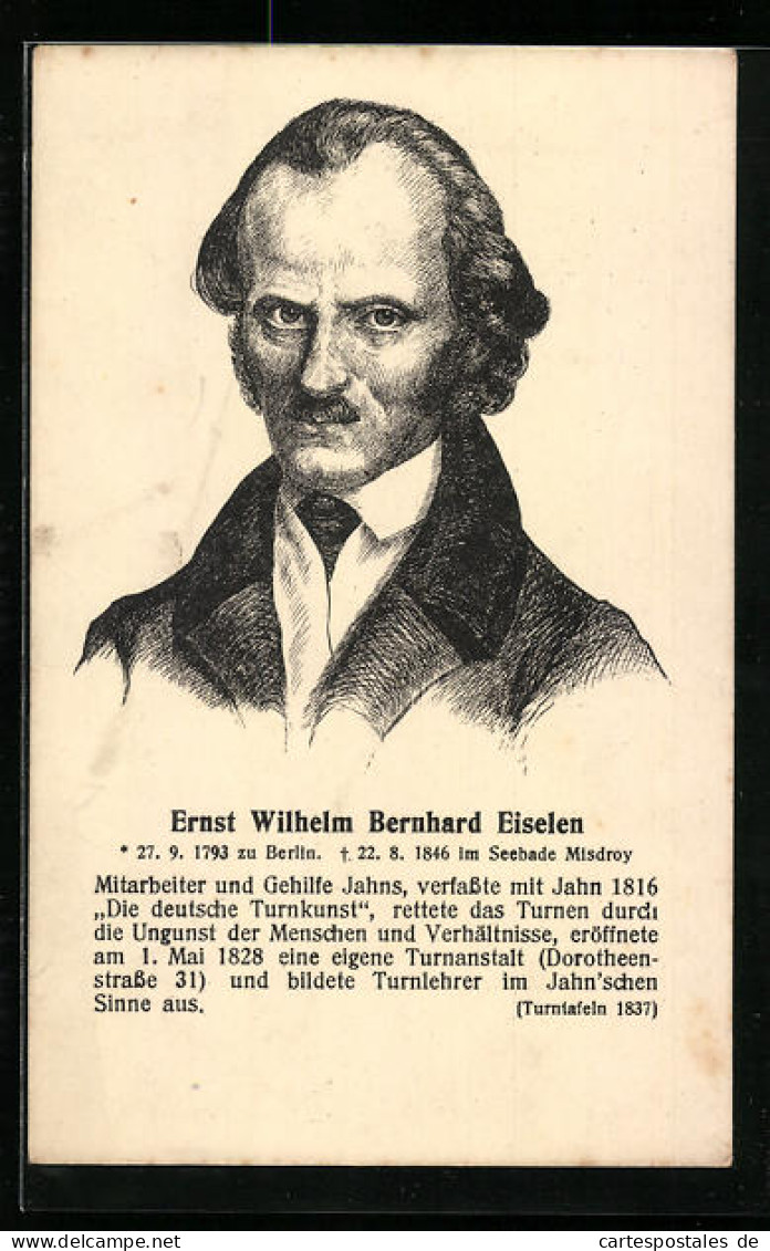 Künstler-AK Portrait Ernst Wilhelm Bernhard Eiselen, Mitarbeiter Und Gehilfe Turnvater Jahns  - Sonstige & Ohne Zuordnung
