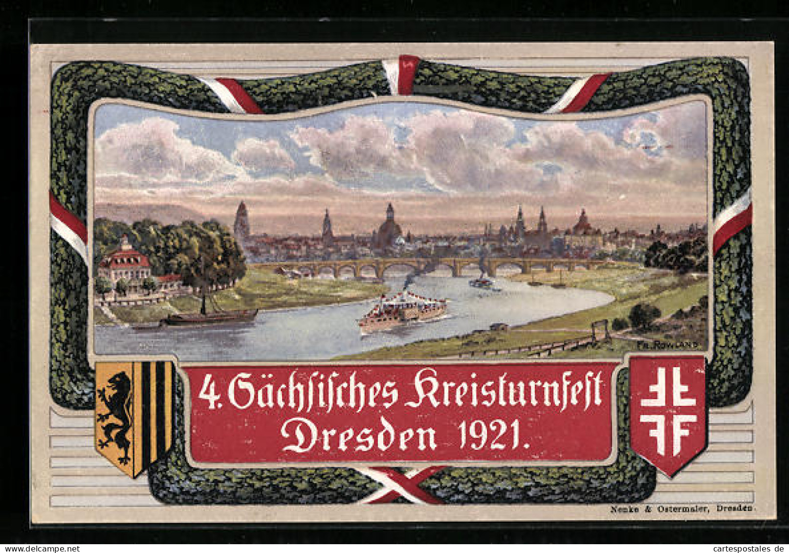 AK Dresden, Turnfest 1921, Stadtpanorama Mit Elbdampfer Im Eichenkranz, Wappen, Rückseitig Plakat  - Autres & Non Classés