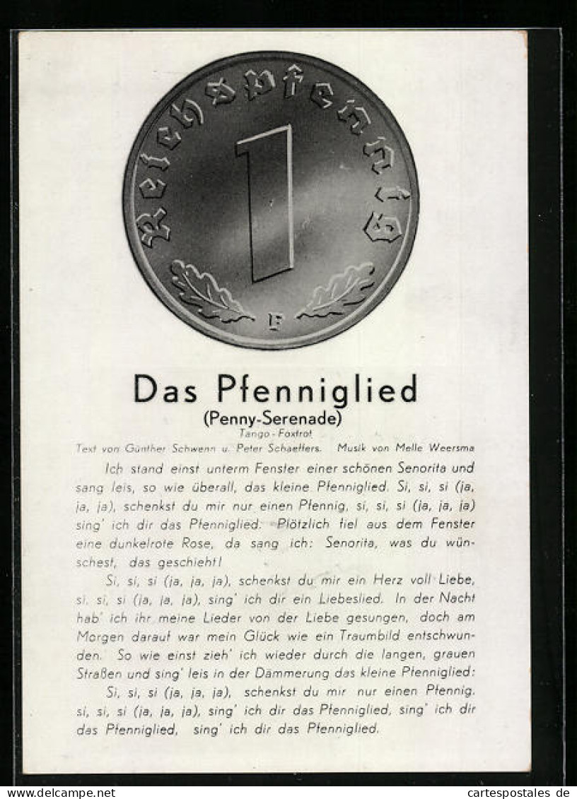 AK Das Pfenniglied, Ich Stand Einst Unterm Fenster..., 1 Reichspfennig  - Coins (pictures)