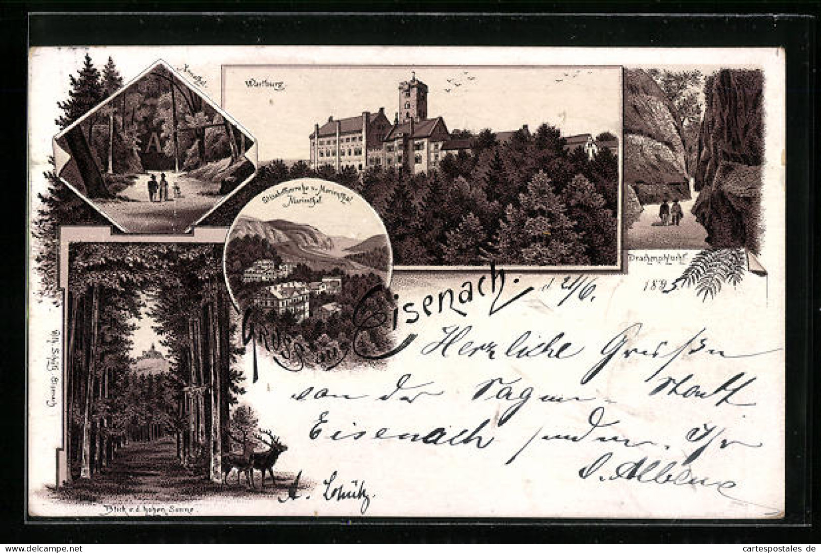 Vorläufer-Lithographie Eisenach, Wartburg, Drachenschlucht, Marienthal 1893  - Eisenach