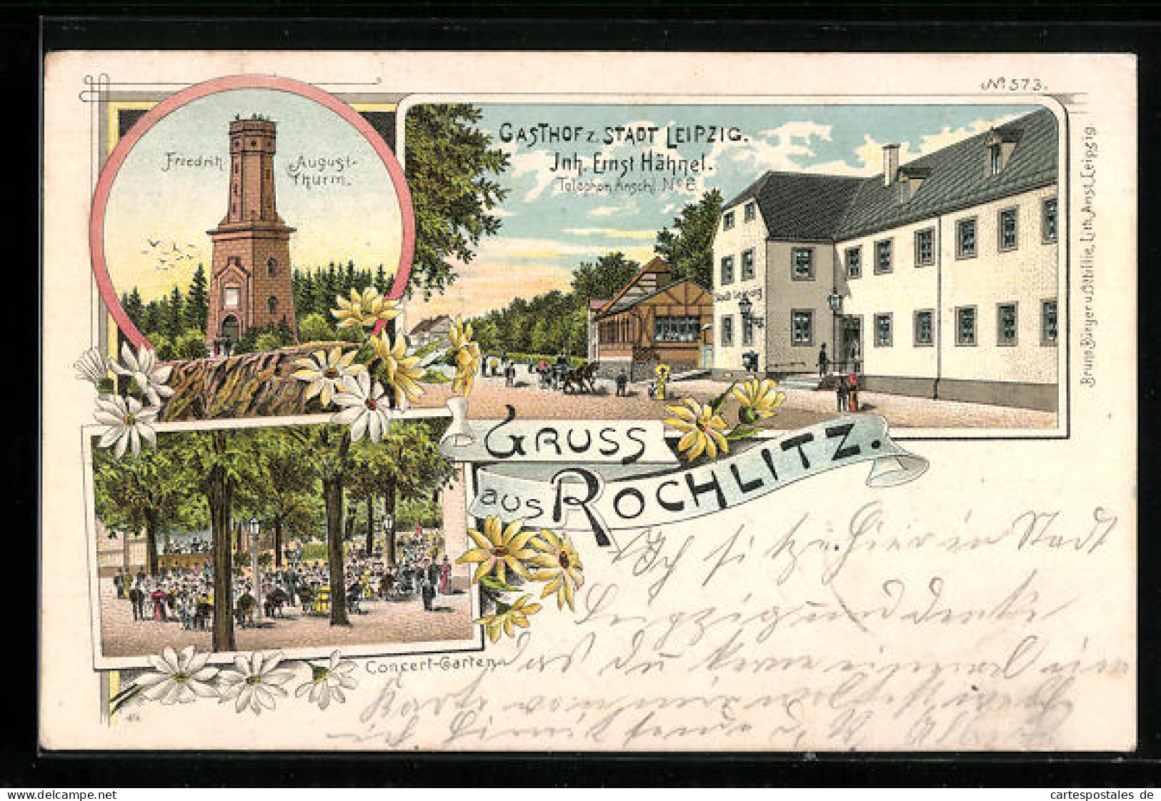 Lithographie Rochlitz, Gasthof Z. Stadt Leipzig, August-Turm, Concert-Garten  - Rochlitz