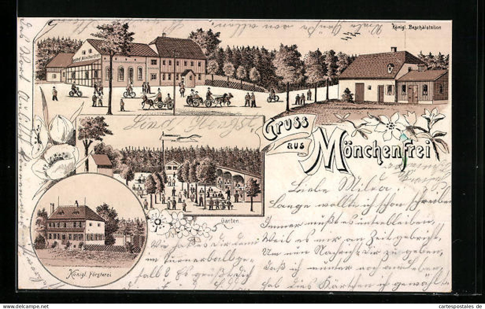 Lithographie Mönchenfrei, Gasthof Mönchenfrei, Garten, Königl. Försterei  - Autres & Non Classés