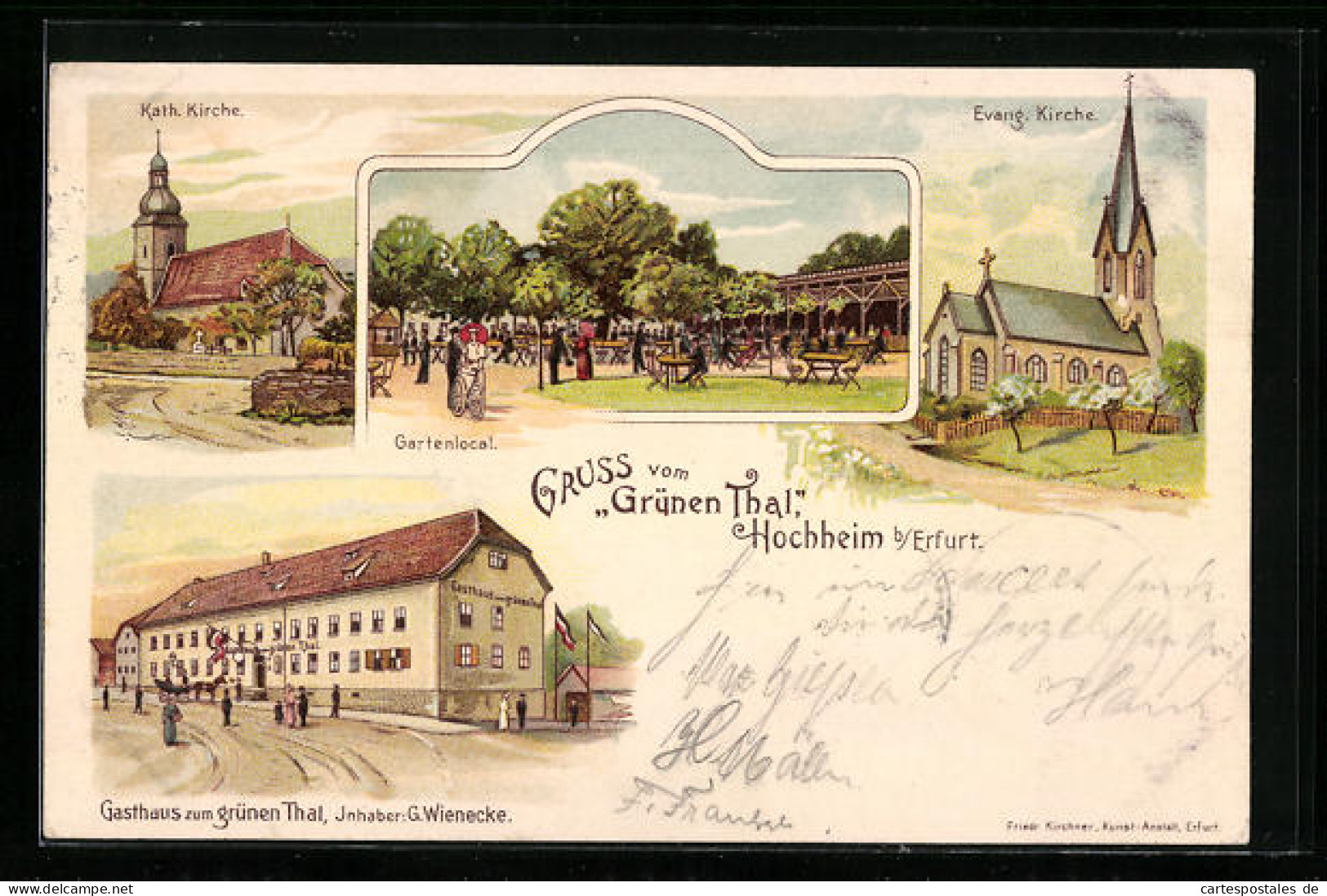 Lithographie Hochheim B. Erfurt, Gasthaus Zum Grünen Tal, Gartenlokal, Katholische Kirche, Evang. Kirche  - Erfurt