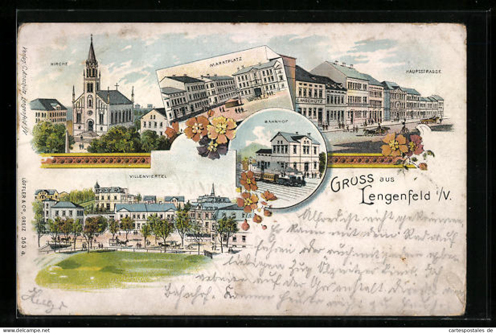 Lithographie Lengenfeld I./V., Villenviertel, Kirche, Marktplatz  - Autres & Non Classés