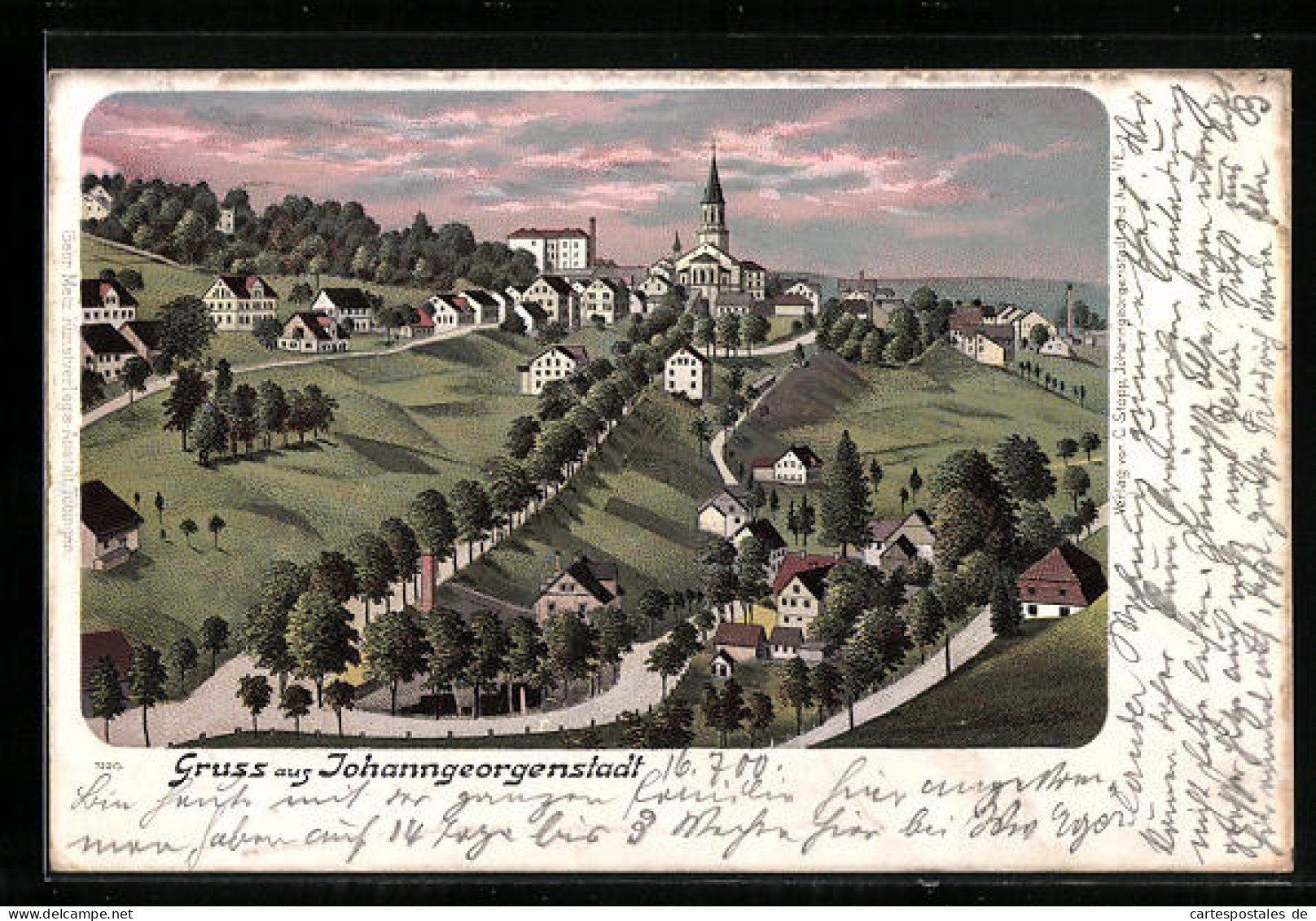 Lithographie Johanngeorgenstadt, Ortsansicht Mit Kirche  - Johanngeorgenstadt