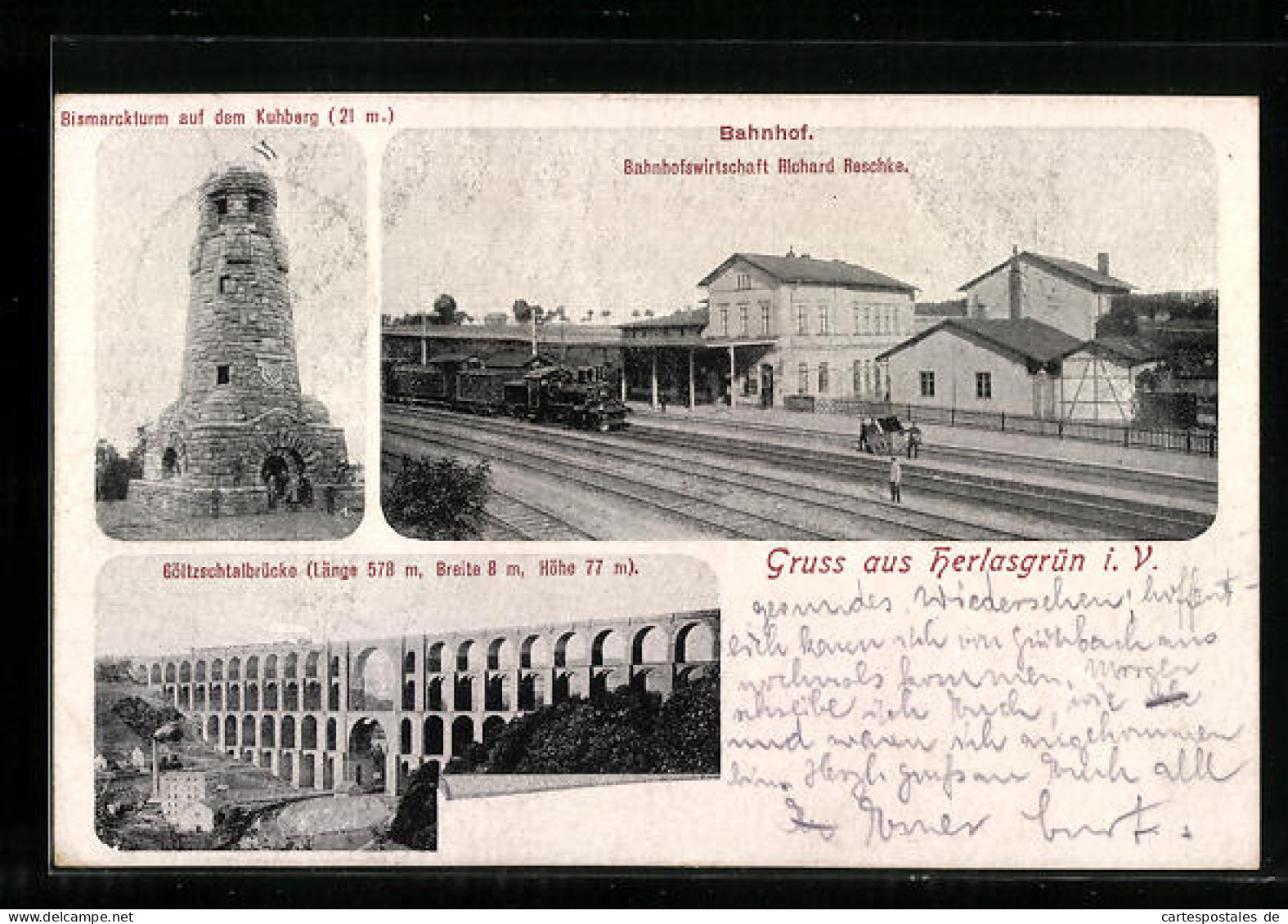 AK Herlasgrün I. V., Bahnhof, Bismarckturm Auf Kuhberg, Göltzschtalbrücke  - Autres & Non Classés