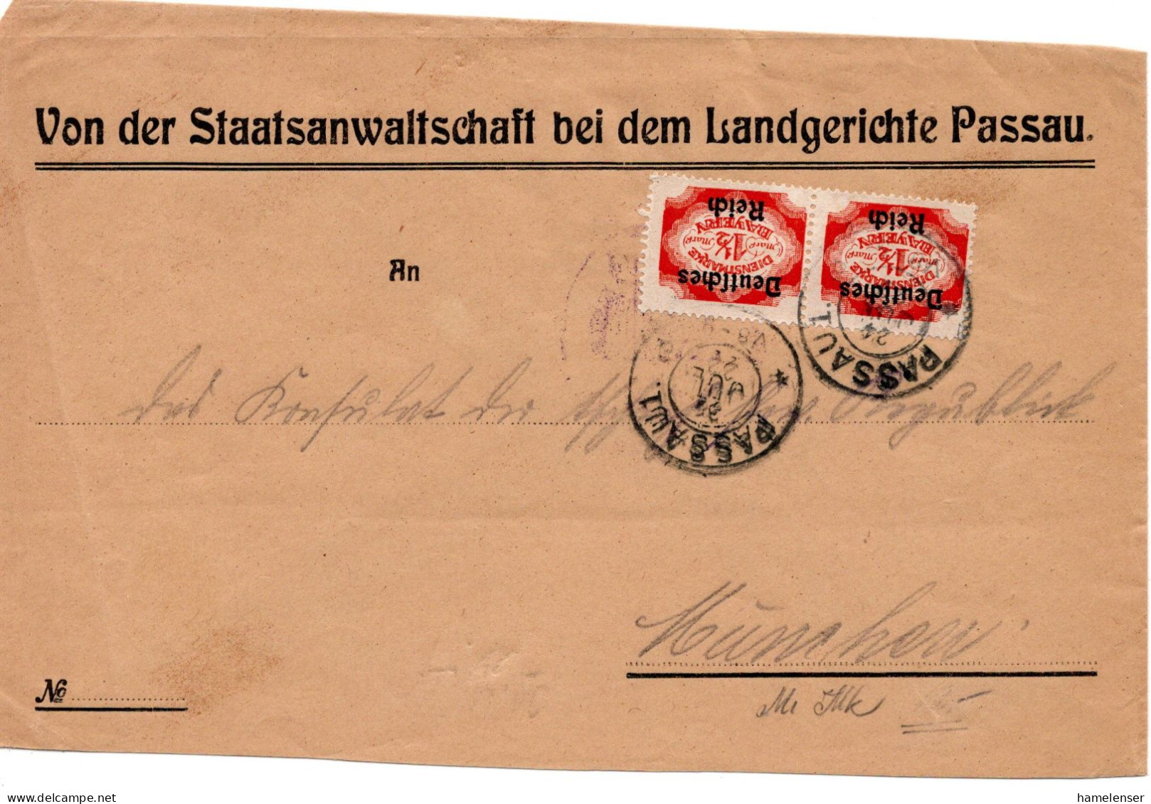 64446 - Deutsches Reich / Dienst - 1922 - 2@1,50M Abschied A DienstBf PASSAU -> Muenchen - Dienstmarken